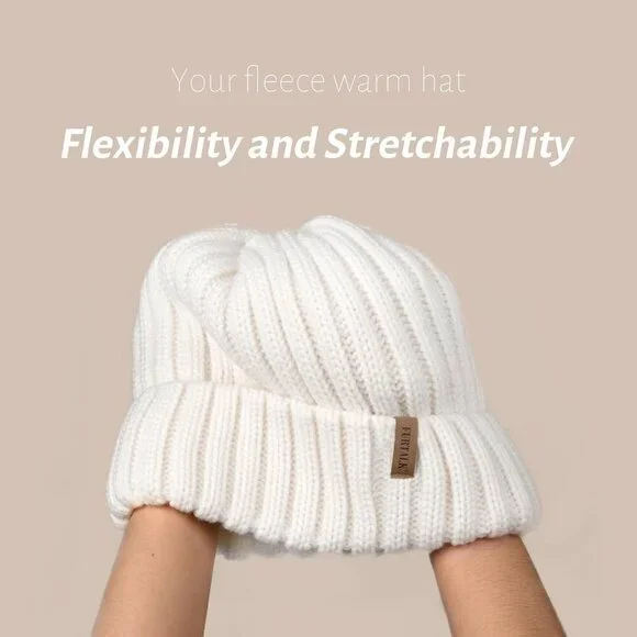 Women’s White Winter Fleece-Lined Chunky Knit Beanie Snow Hat Cap